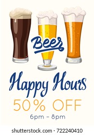 Happy hours poster. Vector illustration with glass of beer in sketch style for bar. Drink menu for celebration. Special offer.
