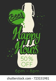 Happy hours poster. Vector illustration with bottle of beer in sketch style for bar. Drink menu for celebration. Special offer.