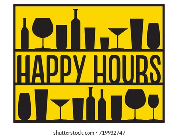 Happy hours vector black glasses and bottles on the shelves yellow background.