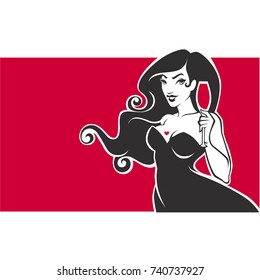 happy hours. vector emblem, flyer, banner with image of sexy curve pinup lady with glass of red wine on red background