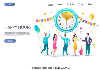 Happy hours vector website template, web page and landing page design for website and mobile site development. Corporate party celebration.