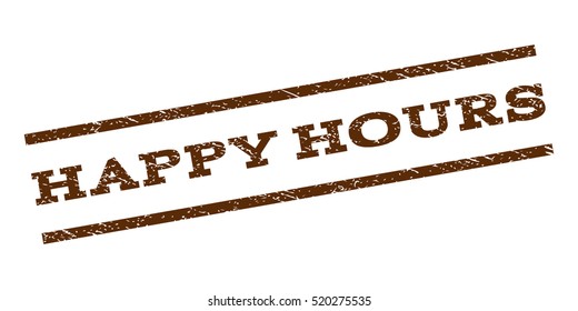 Happy Hours watermark stamp. Text caption between parallel lines with grunge design style. Rubber seal stamp with unclean texture. Vector brown color ink imprint on a white background.