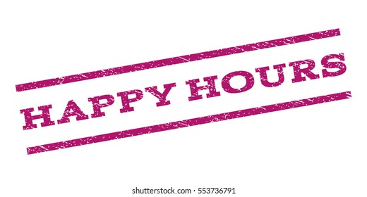 Happy Hours watermark stamp. Text tag between parallel lines with grunge design style. Rubber seal stamp with dust texture. Vector purple color ink imprint on a white background.