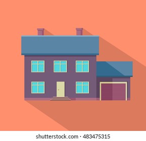 Happy house banner poster template. Exterior home icon symbol. Residential cottage. Part of series of modern buildings in flat design style. Real estate concept. Vector