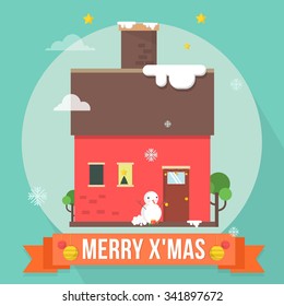 Happy House Christmas and Snowman Illustration 