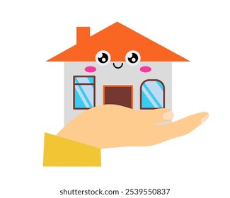 Feliz casa na mão. Ilustração simples de cor plana do vetor.