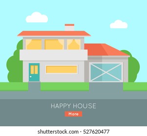 Happy house with terrace banner poster template. Exterior home icon symbol. Residential cottage. Part of series of modern buildings in flat design style. Real estate concept. Vector