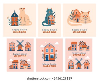 Happy House Warming. Collection of cute banners, cards with cats, who lying, sitting around cartoon houses with plants, leaves, berries. Village buildings, houses, windmill. Moving to new home concept