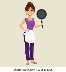 Happy housekeeper, house woman. Isolated vector on white background. Premium vector. 