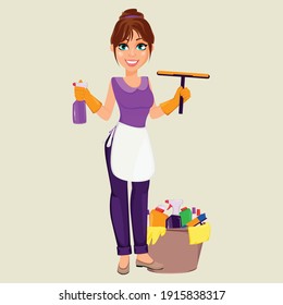 Happy housekeeper, house woman. Isolated vector on white background. Premium vector. 