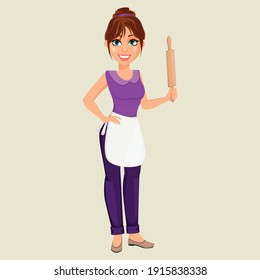 Happy housekeeper, house woman. Isolated vector on white background. Premium vector. 