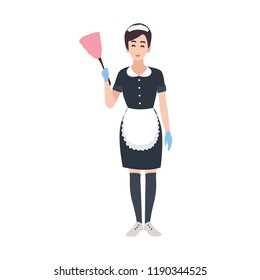Happy housemaid, maid, housekeeping or house cleaning service worker wearing uniform. Pretty female cartoon character isolated on white background. Colorful vector illustration in flat style.