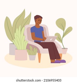 Happy houseplant lover - urban jungle style interior design, flat isolated vector illustration. Cartoon man sitting in chair with laptop surrounded by potted house plants. 