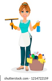 Happy housewife. Cheerful mother, beautiful woman. Cartoon character holds cleaning agents. Vector illustration on white background.