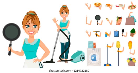 Happy Housewife. Cheerful Mother, Beautiful Woman. Cartoon Character Creation Set. Pack Of Body Parts And Things. Build Your Personal Design. Vector Illustration On White Background.