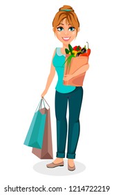 Happy housewife. Cheerful mother, beautiful woman. Cartoon character holds shopping bags. Vector illustration on white background.