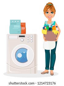 Happy housewife. Cheerful mother, beautiful woman. Cartoon character washes clothes in washing machine. Vector illustration on white background.