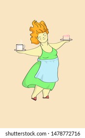 happy housewife with curly hair in a green dress holds a piece of cake and a cup of hot tea