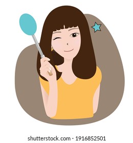 A happy housewife holding a ladle. Vector illustration