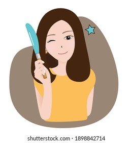 A happy housewife holding a spatula. Vector illustration
