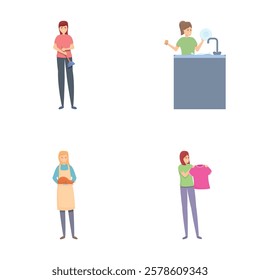 Happy housewife icons set cartoon vector. Housewife cleaning and housekeeping. Housework