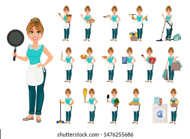 Happy housewife, set of seventeen poses. Cheerful mother, beautiful woman. Cartoon character. Vector illustration on white background.