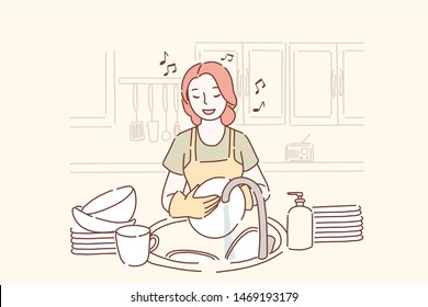 Happy housewife washing dishes and listening to music in the kitchen in a good mood. Cheerful girl doing cleaning and singing a song at home. Cartoon flat Design, Isolated Vector Illustration.