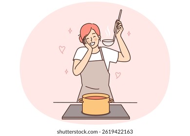Mulher de casa feliz cozinha sopa em pé ao fogão com panela e gostos depois de adicionar temperos. Dona de casa positiva no avental preparando o jantar à espera da chegada do namorado ou marido