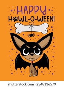 Happy Howloween - cute chihuahua dog with bat wings and spider and bone.
Good for greeting card, T shirt print, poster label, and other decoration for Halloween.