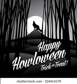 Happy howloween howling wolf and full moon EPS 10 vector royalty free stock illustration for greeting card, ad, promotion, poster, flier, blog, article, social media, marketing
