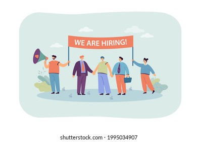 Happy HR managers looking for new employees. Flat vector illustration. Business team with banner inviting potential workers for interview in company. Human resources, business company, vacancy concept