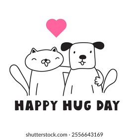 Happy hug day. Best friends cat and dog. Vector design. Outline illustration on white background.