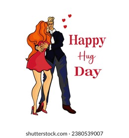 Happy Hug Day. A cute girl hugs a guy. Logo, label, print for printing Blank for designer, print, logo, label, print on print