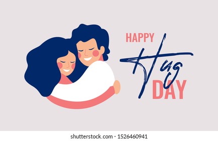 Happy Hug day greeting card with young people hugging each other. Children embrace with love and smile at each other. 