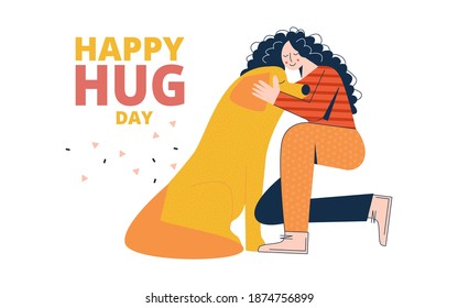 Happy Hug day greeting card. Cute young woman embrace her dog. Friendship between human and pet. Love with animal. Positive emotion Flat vector cartoon illustration isolated on white background