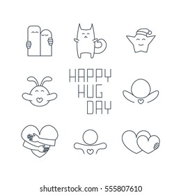 Happy hug day isolated line  icons set on white background