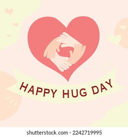 Happy hug day logo emblem with holding hands. Hugging hands with heart symbol design vector template.  National Hug Day. Valentines day romantic dating charity donation postcard logotype concept icon