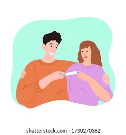 Happy hugging couple with a positive pregnancy test. Vector illustration in the flat cartoon style.