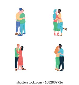 Happy hugging couples flat color vector detailed characters set. Gay men in love. Smiling women. Valentines day isolated cartoon illustration for web graphic design and animation collection