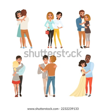 Happy hugging couples in love set. Lesbian, homosexual and heterosexual people vector illustration