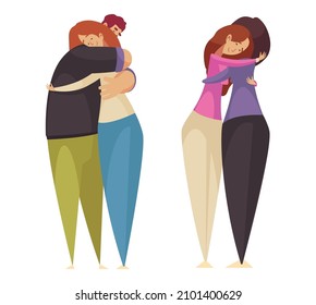 Happy hugging families after psychological therapy session cartoon isolated vector illustration