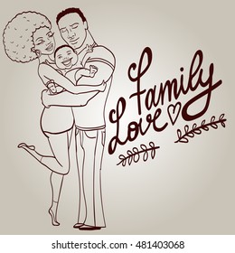 Happy hugging family gesturing with cheerful smile.