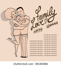 Happy hugging family gesturing with cheerful smile.