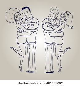 Happy hugging family gesturing with cheerful smile.