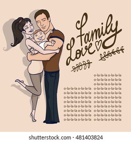 Happy hugging family gesturing with cheerful smile.