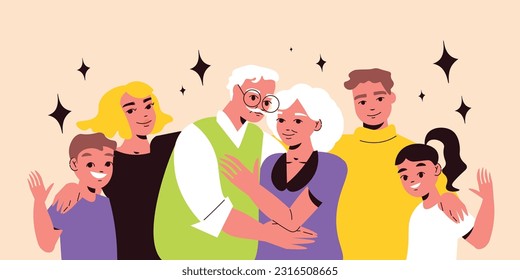 Happy hugging family members grandparents parents and children on color background flat vector illustration