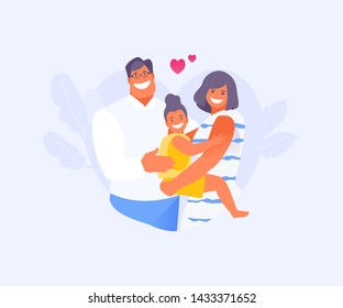 Happy hugging family. Mom, dad and daughter. The day of family, love and fidelity. Vector illustration