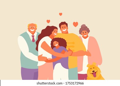 Happy hugging family parents and children. Love and support vector illustration