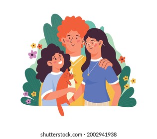 Happy hugging family. Smiling mother, father and daughter with pet cat in hand embracing together. Vector flat colorful illustration for insurance and wellness concept.