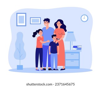 Feliz abrazo a la ilustración vectorial de la familia. Los padres y los hijos pasan tiempo en el hogar, se apoyan y cuidan mutuamente. Tiempo de vinculación familiar